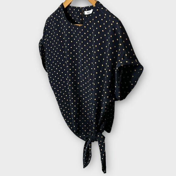 MNG Basics Women's Navy Polka Dot Cuffed Short Sleeve Tie Front Blouse Top Sz 4 - Picture 4 of 15